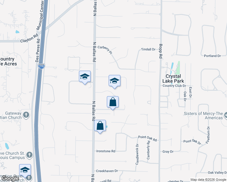 map of restaurants, bars, coffee shops, grocery stores, and more near 12319 Ballas Woods Court in St. Louis