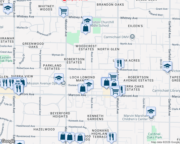 map of restaurants, bars, coffee shops, grocery stores, and more near 4838 Robertson Avenue in Carmichael