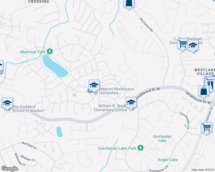 map of restaurants, bars, coffee shops, grocery stores, and more near 6067 Red Squirrel Place in Waldorf