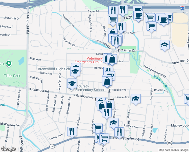 map of restaurants, bars, coffee shops, grocery stores, and more near 8914 Bridgeport Avenue in Brentwood