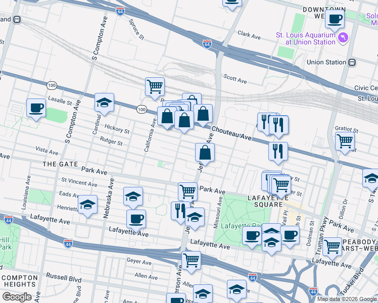 map of restaurants, bars, coffee shops, grocery stores, and more near 2646 Hickory Street in St. Louis