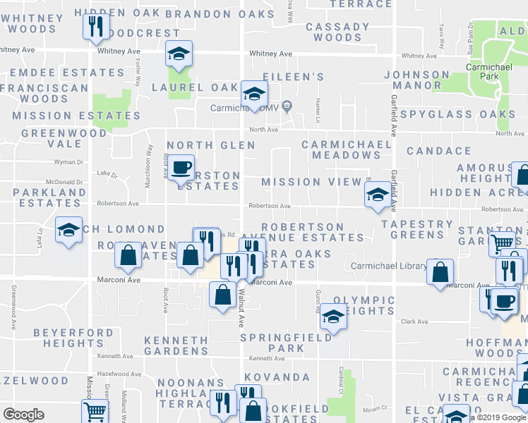 map of restaurants, bars, coffee shops, grocery stores, and more near 3032 Valasstrada Court in Carmichael