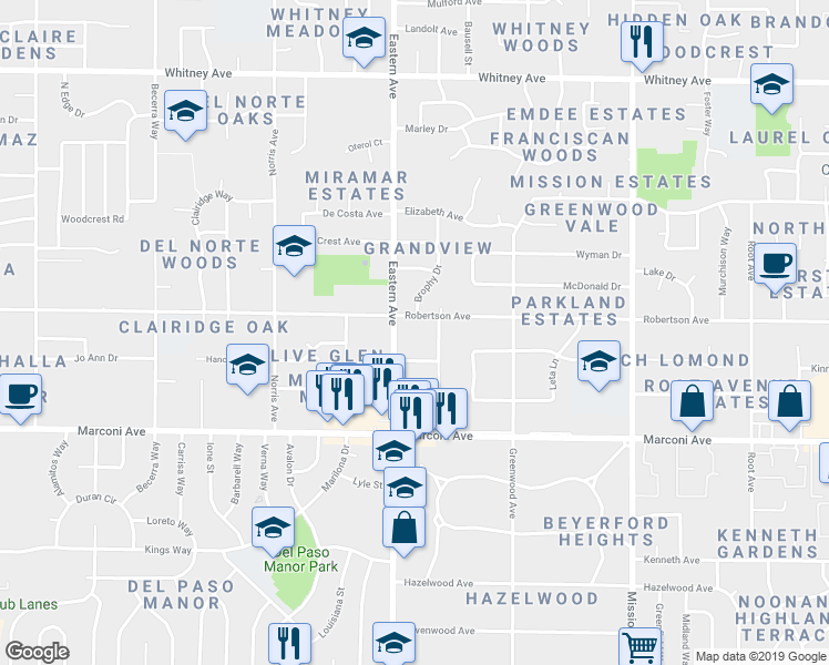map of restaurants, bars, coffee shops, grocery stores, and more near 3007 Sandhurst Court in Sacramento