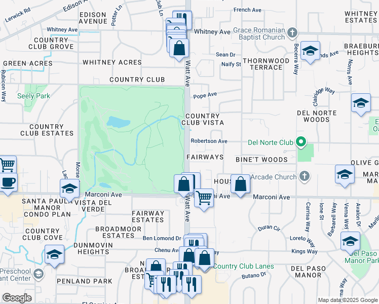map of restaurants, bars, coffee shops, grocery stores, and more near 3040 Watt Avenue in Sacramento