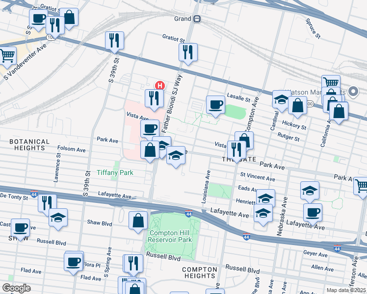 map of restaurants, bars, coffee shops, grocery stores, and more near 3521 Park Avenue in St. Louis