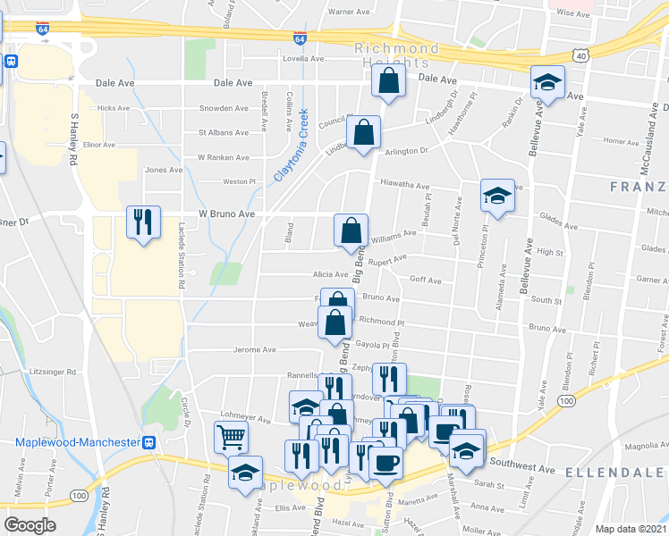 map of restaurants, bars, coffee shops, grocery stores, and more near 7533 Alicia Avenue in Maplewood
