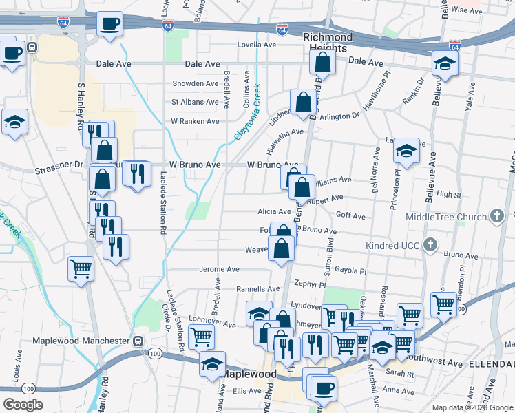 map of restaurants, bars, coffee shops, grocery stores, and more near 7601 Alicia Avenue in Maplewood