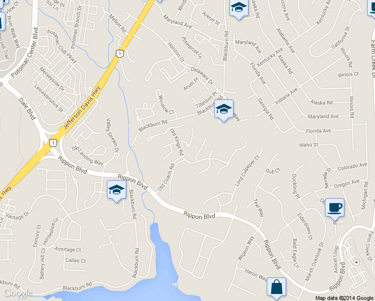 map of restaurants, bars, coffee shops, grocery stores, and more near 1787 Powder Horn Terrace in Woodbridge