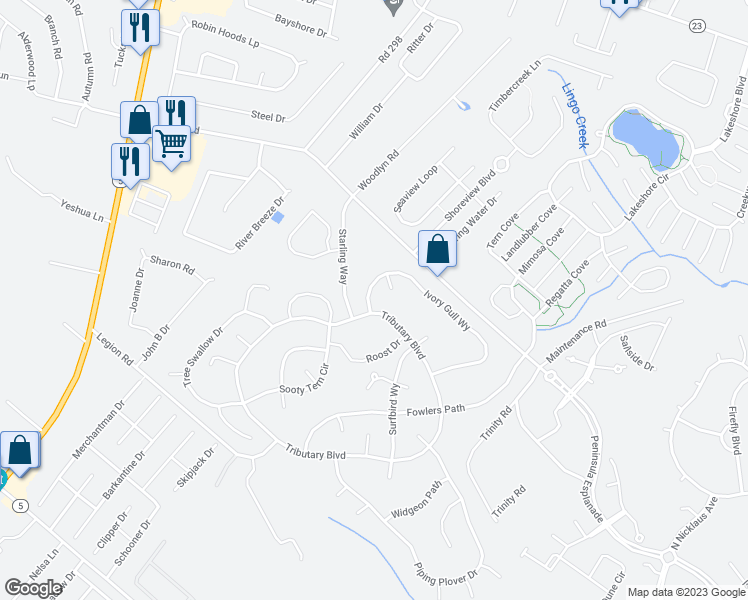map of restaurants, bars, coffee shops, grocery stores, and more near 32016 Ivory Gull Way in Millsboro