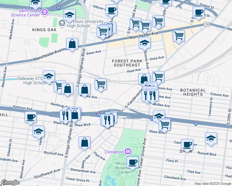 map of restaurants, bars, coffee shops, grocery stores, and more near 4565 McRee Ave in St Louis