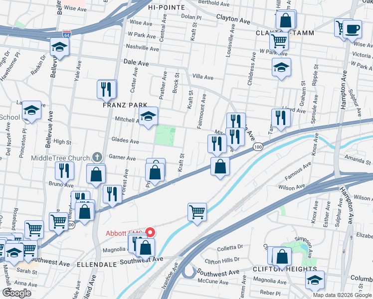 map of restaurants, bars, coffee shops, grocery stores, and more near 2000 Kraft Street in St. Louis