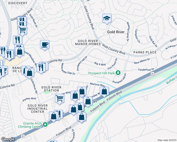 map of restaurants, bars, coffee shops, grocery stores, and more near Grizzly Hill Court in Gold River