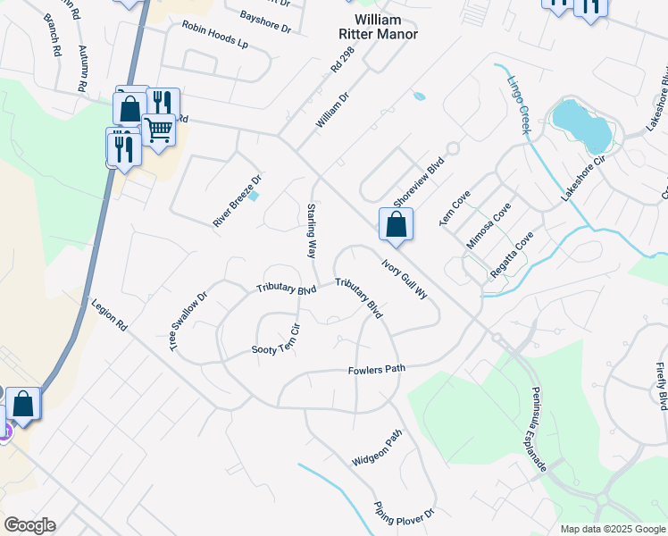 map of restaurants, bars, coffee shops, grocery stores, and more near 32016 Ivory Gull Way in Millsboro
