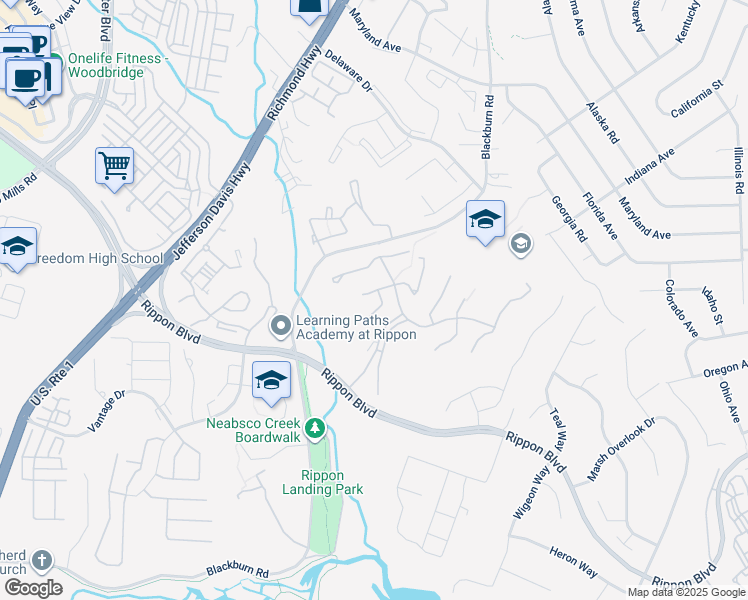 map of restaurants, bars, coffee shops, grocery stores, and more near 15256 Waterwheel Terrace in Woodbridge