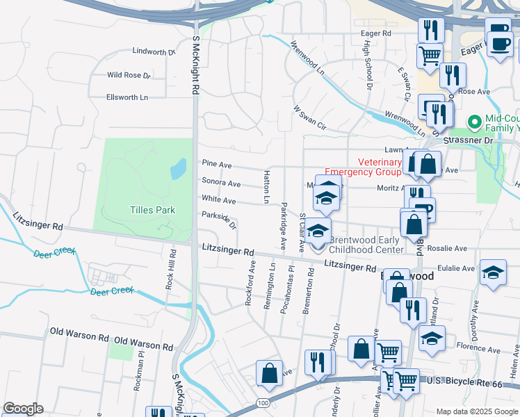 map of restaurants, bars, coffee shops, grocery stores, and more near 9332 White Avenue in Brentwood