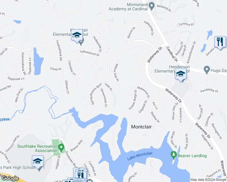 map of restaurants, bars, coffee shops, grocery stores, and more near 15341 Inlet Place in Dumfries