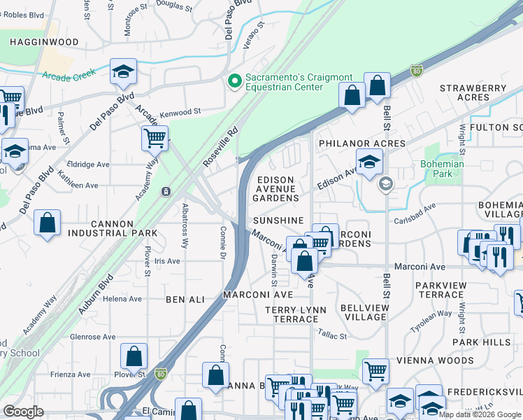 map of restaurants, bars, coffee shops, grocery stores, and more near in Arden-Arcade