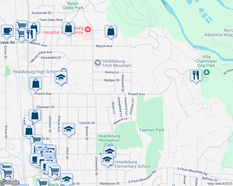 map of restaurants, bars, coffee shops, grocery stores, and more near 830 Rose Lane in Healdsburg