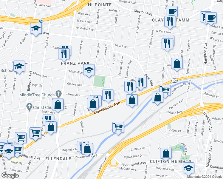 map of restaurants, bars, coffee shops, grocery stores, and more near 1936 Kraft Street in St. Louis