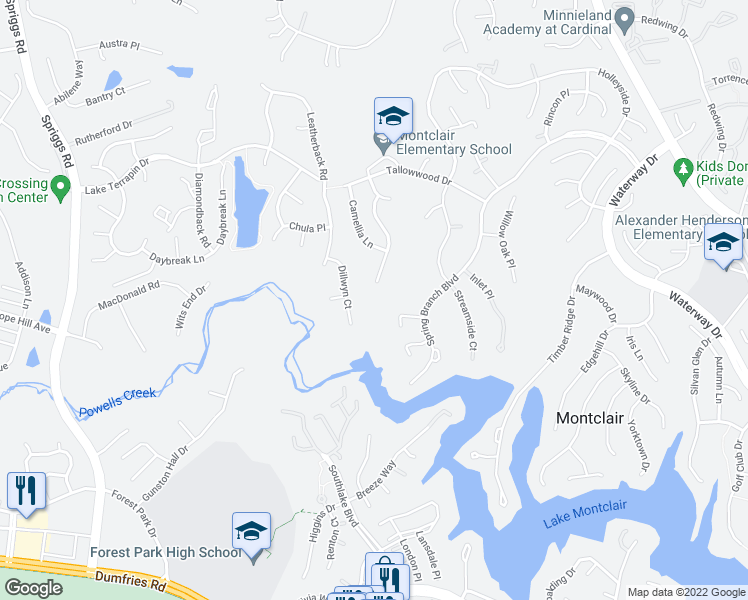 map of restaurants, bars, coffee shops, grocery stores, and more near 15098 Lindenberry Lane in Dumfries