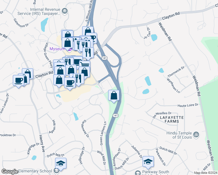 map of restaurants, bars, coffee shops, grocery stores, and more near 998 Woods Mill Road in Ballwin