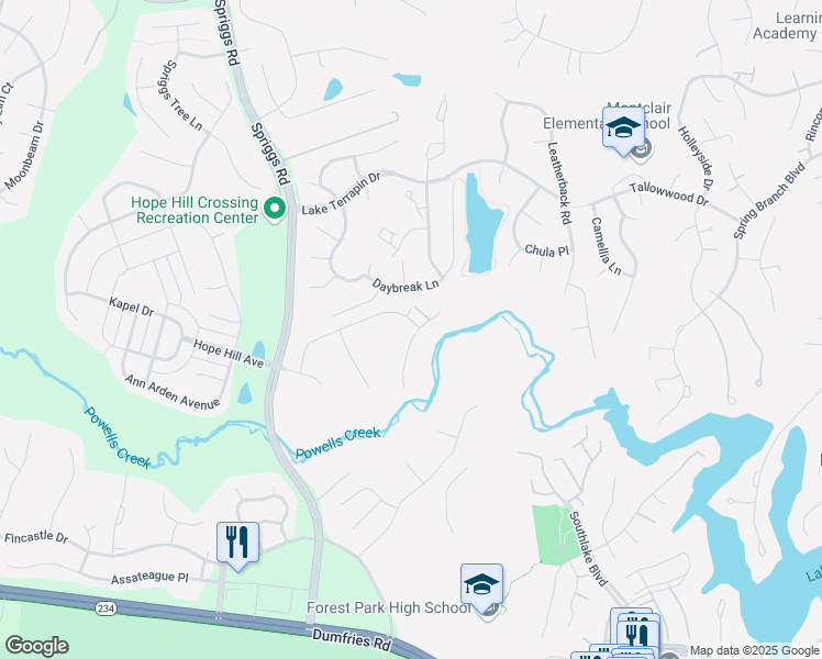 map of restaurants, bars, coffee shops, grocery stores, and more near 15328 Wits End Drive in Woodbridge