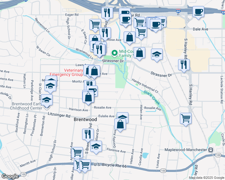 map of restaurants, bars, coffee shops, grocery stores, and more near 8720 Bridgeport Avenue in Brentwood
