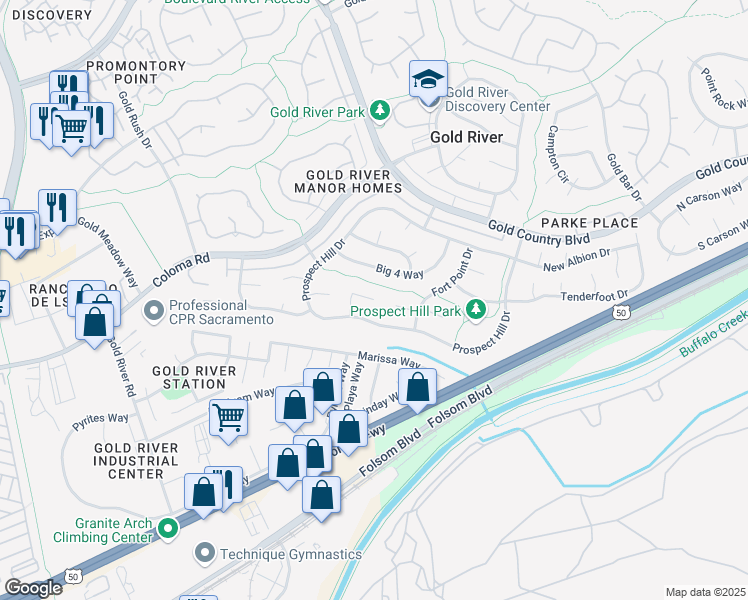 map of restaurants, bars, coffee shops, grocery stores, and more near Grizzly Hill Court in Gold River