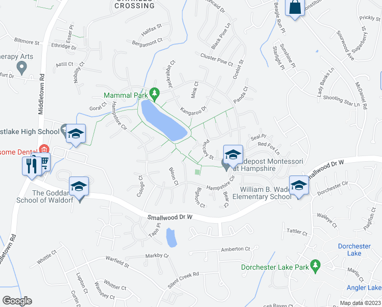 map of restaurants, bars, coffee shops, grocery stores, and more near 6580 Prairie Dog Court in Waldorf