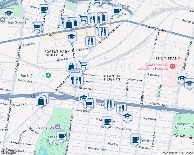 map of restaurants, bars, coffee shops, grocery stores, and more near 4164 Folsom Avenue in Saint Louis