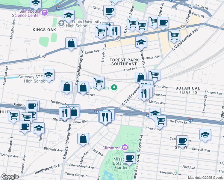 map of restaurants, bars, coffee shops, grocery stores, and more near 4565 McRee Avenue in St. Louis
