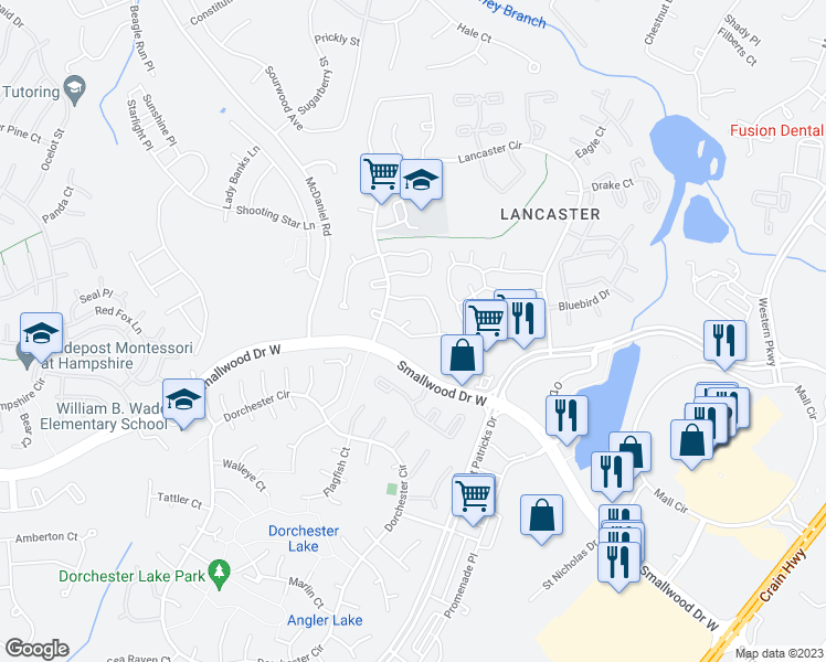 map of restaurants, bars, coffee shops, grocery stores, and more near 4253 Mockingbird Circle in Waldorf