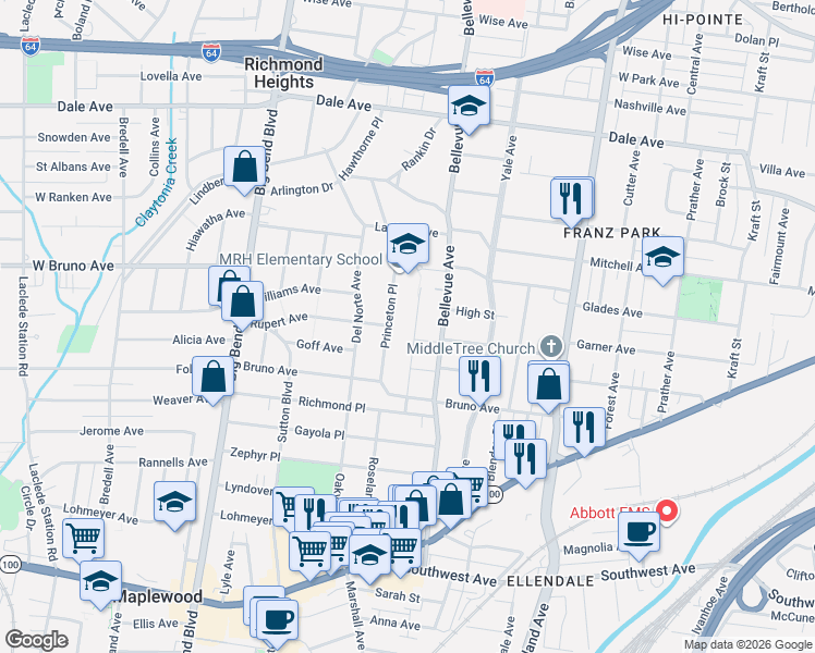 map of restaurants, bars, coffee shops, grocery stores, and more near 2108 Princeton Place in Richmond Heights