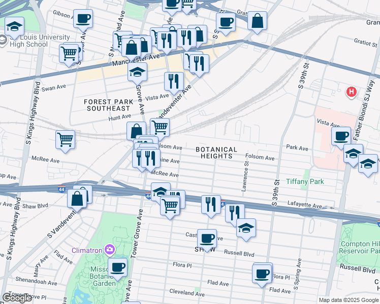 map of restaurants, bars, coffee shops, grocery stores, and more near in St. Louis