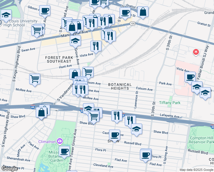 map of restaurants, bars, coffee shops, grocery stores, and more near 4152 Folsom Avenue in St. Louis