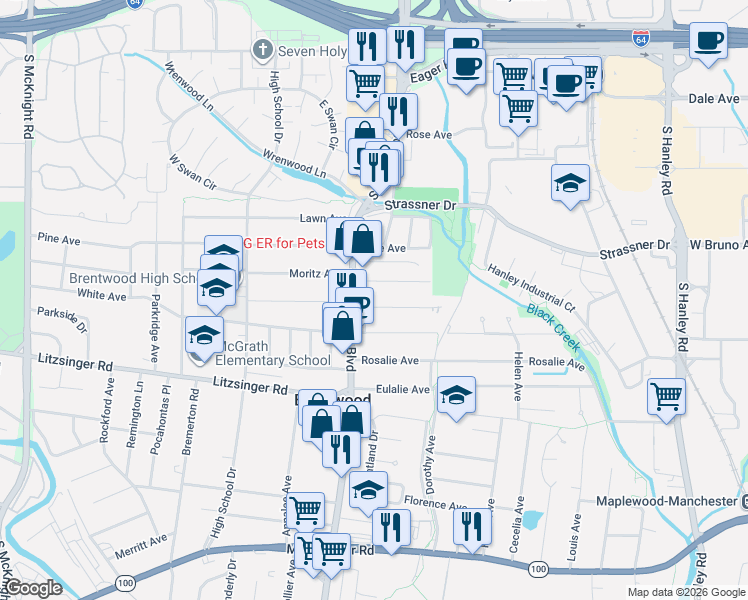 map of restaurants, bars, coffee shops, grocery stores, and more near 2230 South Brentwood Boulevard in Brentwood