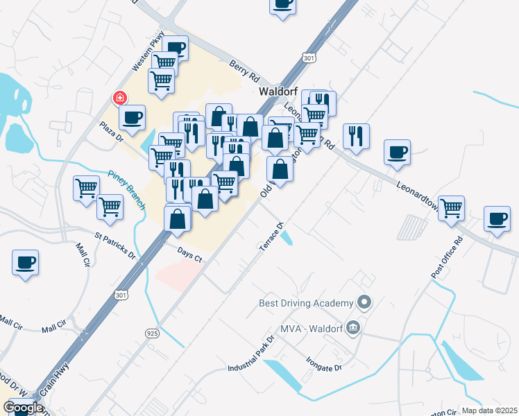 map of restaurants, bars, coffee shops, grocery stores, and more near 3298 Old Washington Road in Waldorf