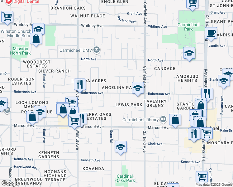 map of restaurants, bars, coffee shops, grocery stores, and more near 5306 Robertson Avenue in Carmichael
