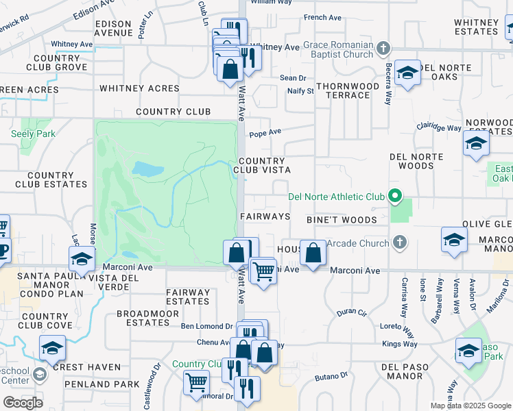 map of restaurants, bars, coffee shops, grocery stores, and more near 3012 Fairways Court in Sacramento