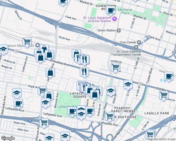 map of restaurants, bars, coffee shops, grocery stores, and more near 1005 Mississippi Avenue in St. Louis