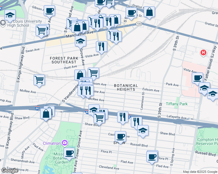 map of restaurants, bars, coffee shops, grocery stores, and more near in St. Louis