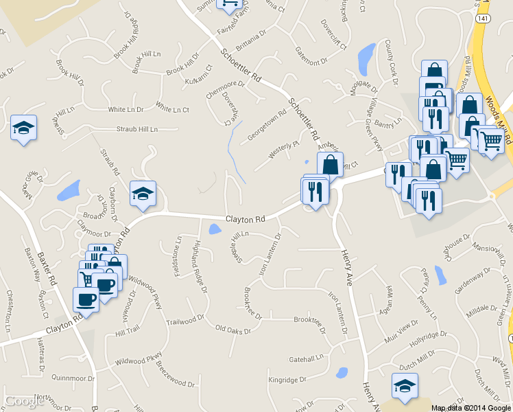 map of restaurants, bars, coffee shops, grocery stores, and more near 14525 Clayton Road in Ballwin
