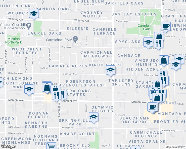 map of restaurants, bars, coffee shops, grocery stores, and more near 5306 Robertson Avenue in Carmichael