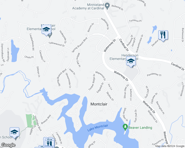map of restaurants, bars, coffee shops, grocery stores, and more near 4632 Timber Ridge Drive in Montclair