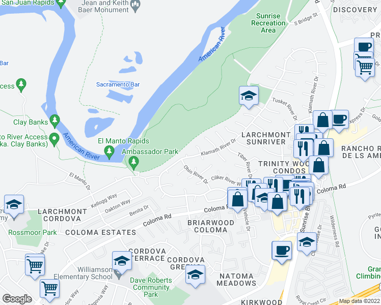 map of restaurants, bars, coffee shops, grocery stores, and more near 1768 Klamath River Drive in Rancho Cordova