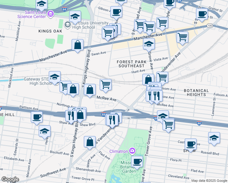 map of restaurants, bars, coffee shops, grocery stores, and more near 4591 McRee Avenue in St. Louis