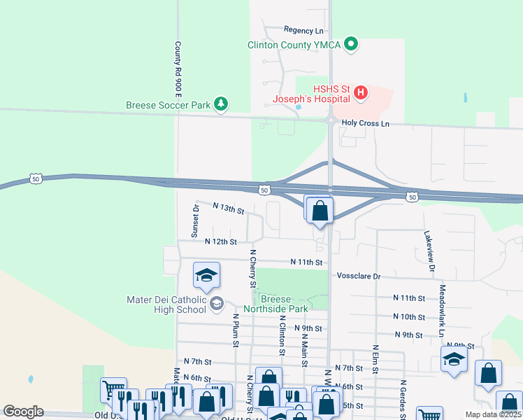 map of restaurants, bars, coffee shops, grocery stores, and more near 411 North 13th Street in Breese