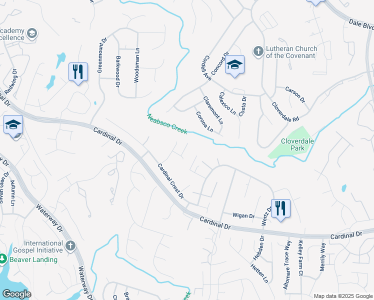 map of restaurants, bars, coffee shops, grocery stores, and more near 4034 Towhee Court in Woodbridge