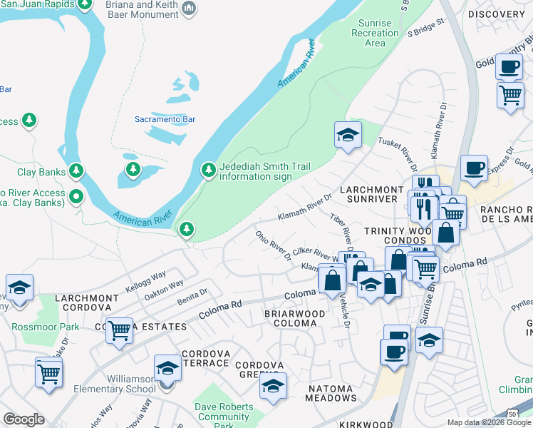 map of restaurants, bars, coffee shops, grocery stores, and more near 1768 Klamath River Drive in Rancho Cordova