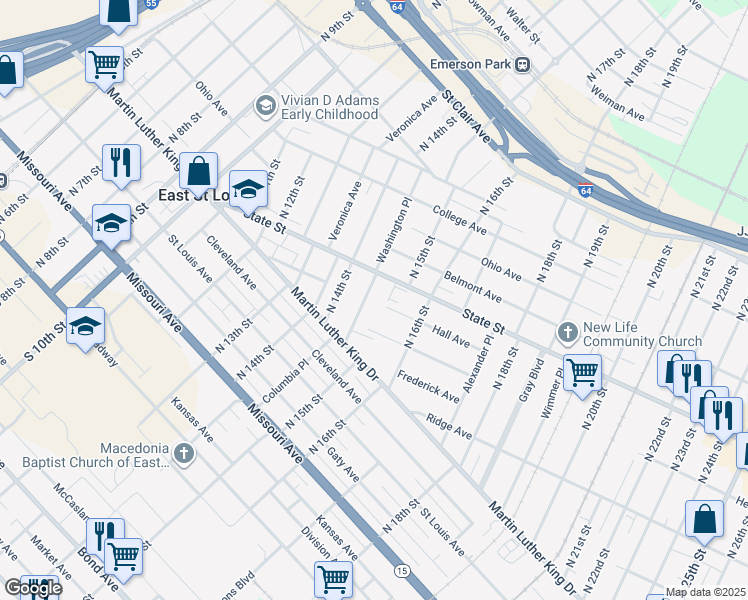 map of restaurants, bars, coffee shops, grocery stores, and more near 428 Rev J.A.Brown in East St. Louis